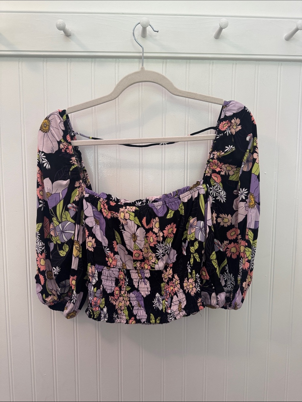 AFRM Black Floral Smocked Crop Top with Lavender & Pink